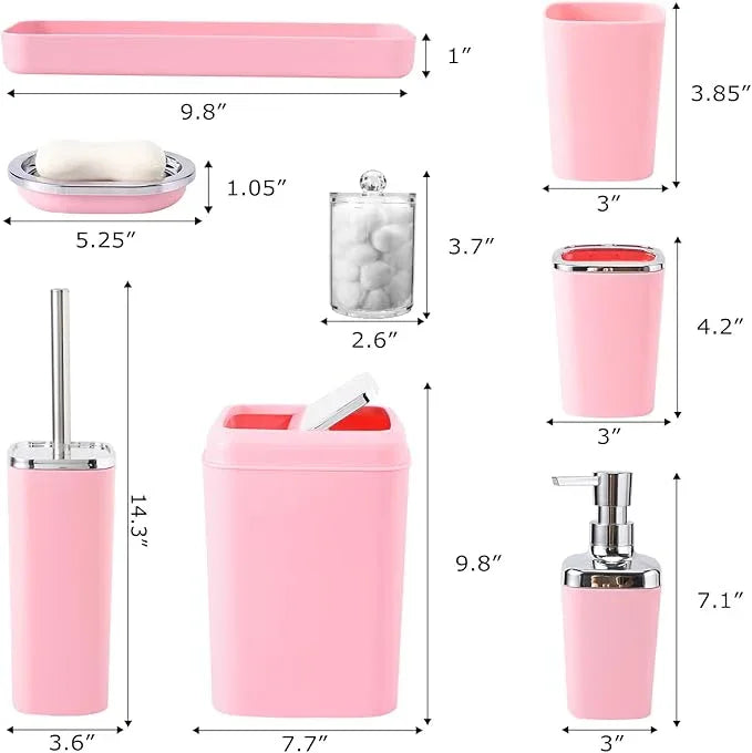 XLHOMO Pink Bathroom Accessory Set, Plastic Bathroom Set with Tray, Soap Dispenser, Toothbrush Holder, Toothbrush Cup, Soap Dish, Toilet Brush, Trash Can and Q-tip Holders for Bathroom/Housewarming - ModernBath