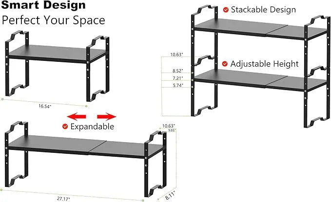 Jojocross Expandable Shelf for Cabinet Organizer Adjustable Stackable Spice Rack at Kitchen and Bathroom More, Counter Countertop Cupboard Organization Pantry Storage(MEDIUM/1PACK/BLACK) - ModernBath