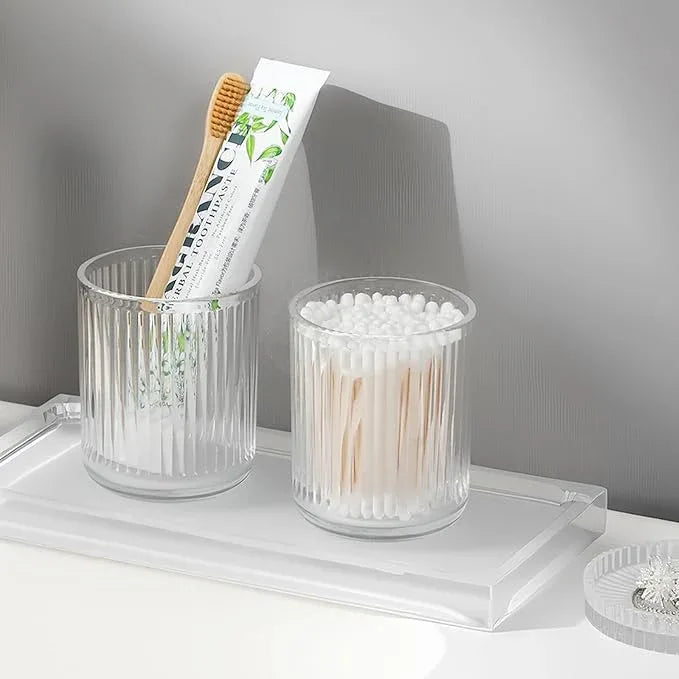 rejomiik Glass Qtip Holder Dispenser 2 Pack, Bathroom Canister Apothecary Jars with Lids, Vanity Makeup Accessories Storage Organizer for Cotton Swabs, Cotton Balls, Pads, Floss Picks, Clear - ModernBath