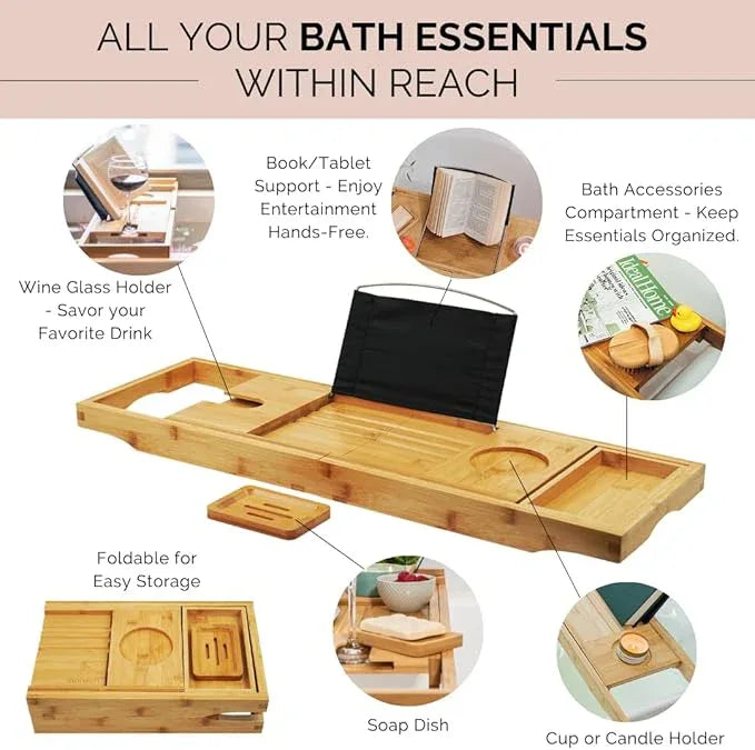 Foldable Bathtub Tray Caddy - Expandable Bath Tray for Tub | Secure, Non-Slip Bathtub Caddy for Tub for Bath Accessories, Self Care Home Spa Gift Set, Relaxing Gifts for Women, New Moms, House Warming - ModernBath