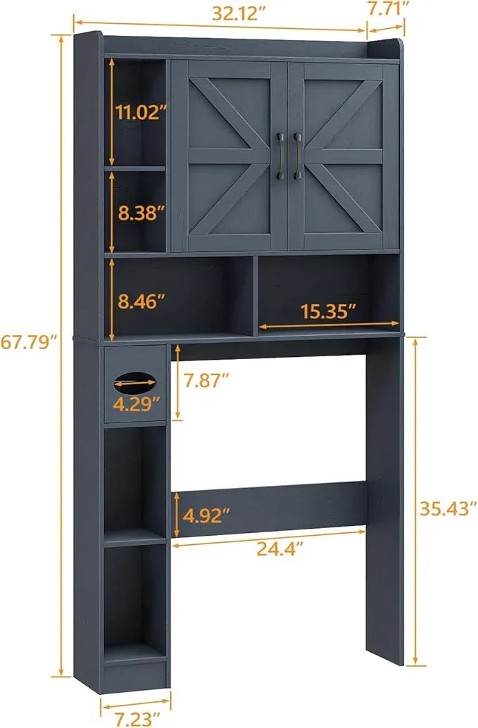 Vabches Over The Toilet Storage Cabinet, Farmhouse Storage Cabinet Over Toilet with 2 Barn Door & Toilet Paper Holder Stand，Home Space-Saving Toilet Rack, for Bathroom, Restroom, Laundry,Blue - ModernBath
