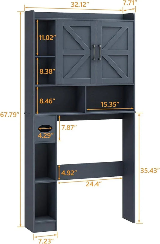 Vabches Over The Toilet Storage Cabinet, Farmhouse Storage Cabinet Over Toilet with 2 Barn Door & Toilet Paper Holder Stand，Home Space-Saving Toilet Rack, for Bathroom, Restroom, Laundry,Blue - ModernBath