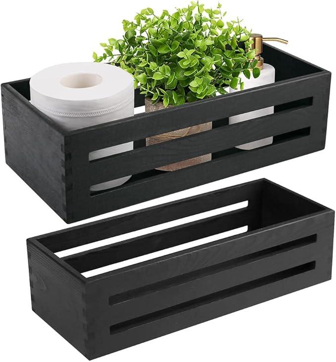 LotFancy Bathroom Decor Box, 2 Pack Wooden Toilet Paper Holder, Black Toilet Tank Basket, Back of Toilet Storage Basket, Farmhouse Toilet Tank Topper - ModernBath