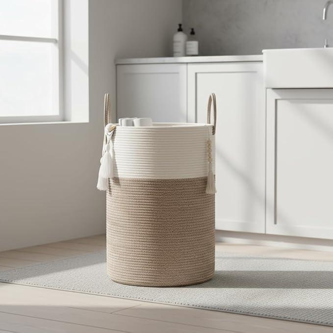 80L Tall Woven Laundry Hamper – Large Foldable Storage Basket with Handles for Clothes, Blankets, Toys, Bathroom, Living Room, Nursery Decor - ModernBath