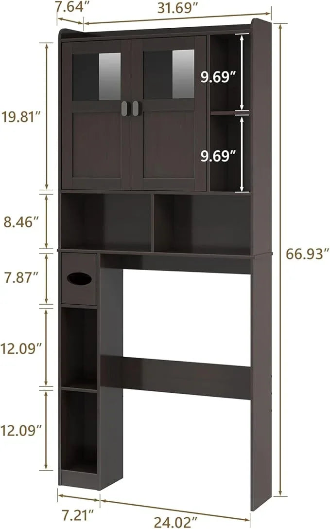 Vabches Over The Toilet Storage Cabinet, Bathroom Shelf Over Toilet with Glass Doors and Adjustable Shelves, Espresso Freestanding Home Space Save Toilet Rack for Restroom, Bathroom, Laundry - ModernBath