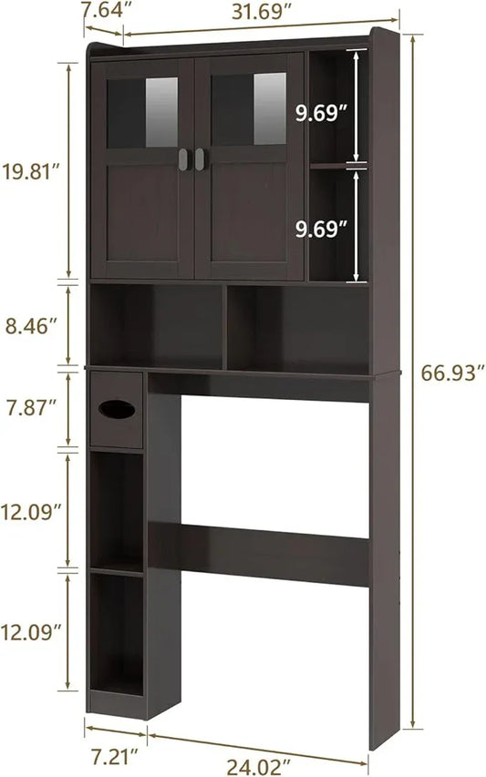 Vabches Over The Toilet Storage Cabinet, Bathroom Shelf Over Toilet with Glass Doors and Adjustable Shelves, Espresso Freestanding Home Space Save Toilet Rack for Restroom, Bathroom, Laundry - ModernBath