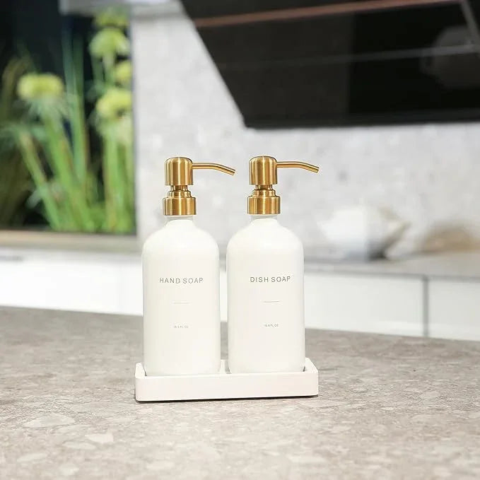 Prus Waso Gold Soap Dispenser Set, Glass Soap Dispenser with Stainless Steel Pump, Perfect for Modern Kitchen Counter Decor. (Gold) - ModernBath