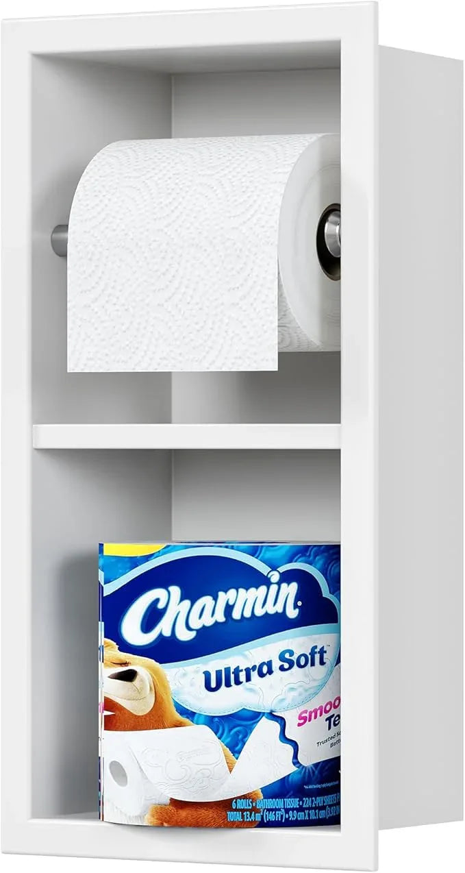 Recessed Toilet Paper Holder, 304 Stainless Steel Bathroom Toilet Paper Holder with Storage, in Wall Tissue Toilet Roll Holder, Matte White - ModernBath