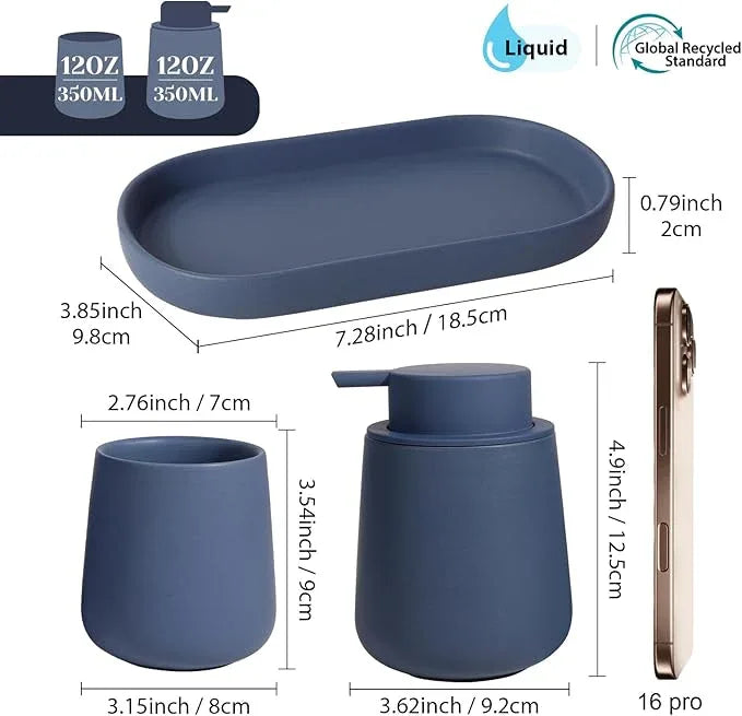INGOFIN 3 Pcs Ceramic Bathroom Accessory Set - Liquid Soap Dispenser, Toothbrush Holder & Tray, Bathroom Counter Set, Countertop Essentials for Home, Guest Bathroom, or Office Use, Matte Blue - ModernBath