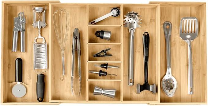 KitchenEdge Adjustable Kitchen Drawer Organizer for Utensils and Junk, Food-Safe Contract Grade with 100% Sustainable Wood, Expandable from 19 to 33 Inches Wide - Natural Bamboo - ModernBath