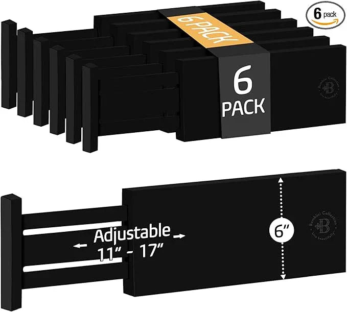 6 Pack Drawer Dividers 6 Inch High, 11”-17" Adjustable Bamboo Organizers Large Expandable Drawer Separators for Cloths, Dresser, Bedroom, Bathroom, Baby Drawer, Office & Kitchen Utensils (Black) - ModernBath