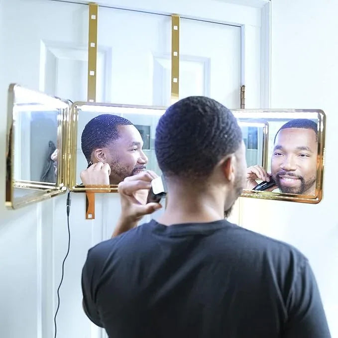Self-Cut System Gold Plated 3 Way Mirror with Lights for Self Hair Cutting, Trifold Barber Mirror with Height Adjustable Hooks, 360 View, Includes Free Educational Mobile App (King’s Gold) - ModernBath
