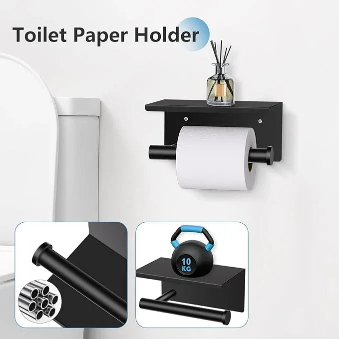 TNOMS 5 Pieces Towel Bar Set Matte Black Bathroom Hardware Set Upgraded Toilet Paper Holder with Shelf Towel Rail Set for Bathroom Stainless Steel Wall Mounted 23.6 Inch - ModernBath