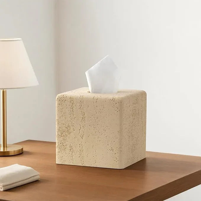 Haocoott Tissue Box Cover Square, Resin Facial Tissue Holder Covers Toilet Paper Holder Decorative Travertine Paper Dispenser Home Decor for Bathroom Bedroom Living Room Office (Square Yellow) - ModernBath