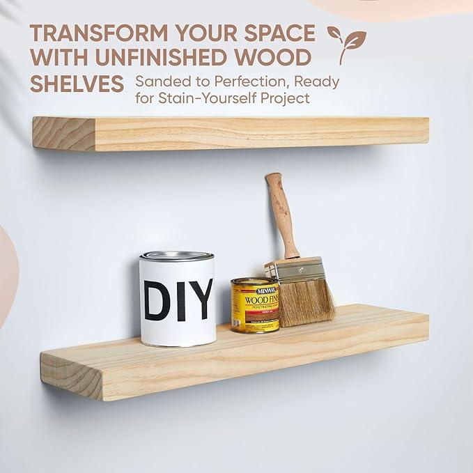 Homeforia 24 inch Wood Floating Shelves, High End Solid Natural Wood 24inch Floating Shelf for Wall, Unfinished Wooden 24 inches Floating Shelves, Heavy Duty Bracket, 24 X 6.5 X 1.75 in, Set of 3 - ModernBath