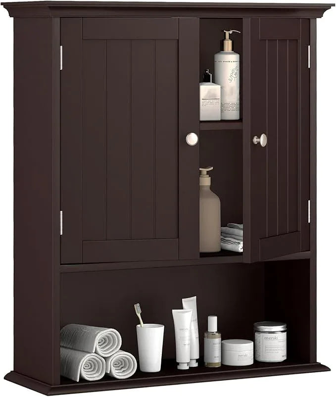 Tangkula Bathroom Wall Cabinet, Wooden Hanging Storage Cabinet with Doors & Shelves, Multipurpose Storage Cabinet for Restroom Kitchen Living Room, Wall Mounted Bathroom Medicine Cabinet (Brown) - ModernBath