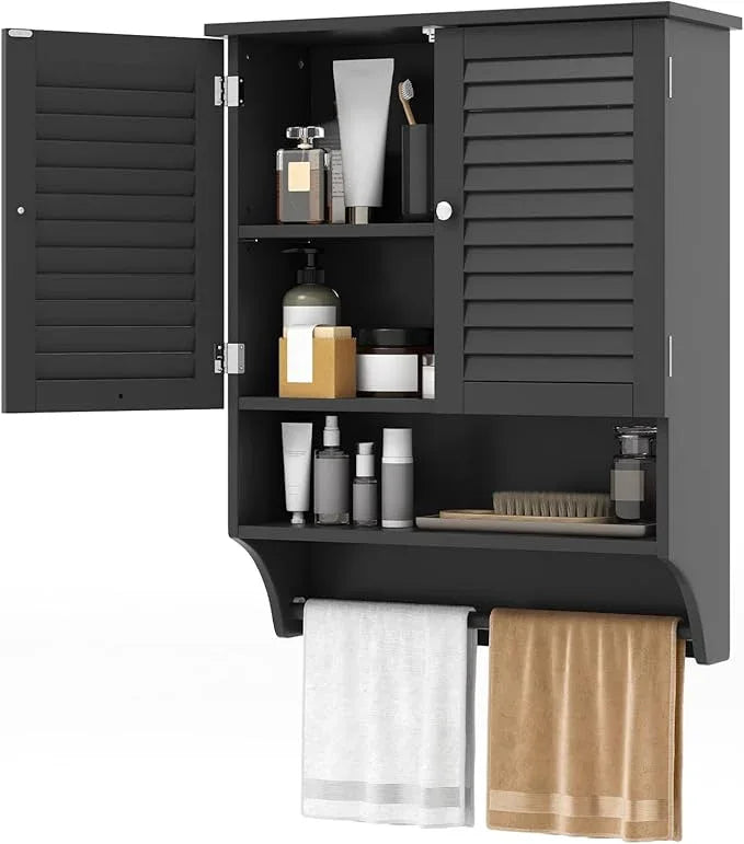Tangkula Wall Mounted Bathroom Cabinet with Open Shelf & Bar, Medicine Cabinet with Double Louvered Doors, Wall Storage Cabinet with Adjustable Shelf, for Bathroom Living Room Kitchen (Black) - ModernBath