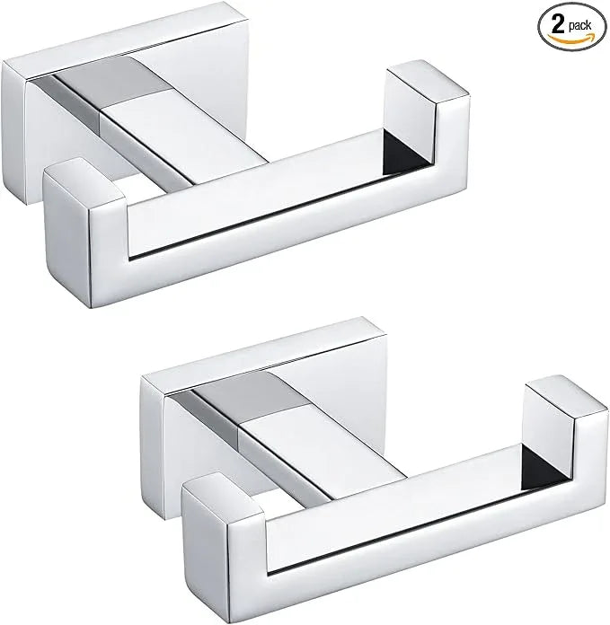 APLusee Double Robe Towel Hook Polished Chrome 2 Pack, 304 Stainless Steel Square Towel Hanger, Minimalist Coat Holder for Modern Bathroom Washroom - ModernBath