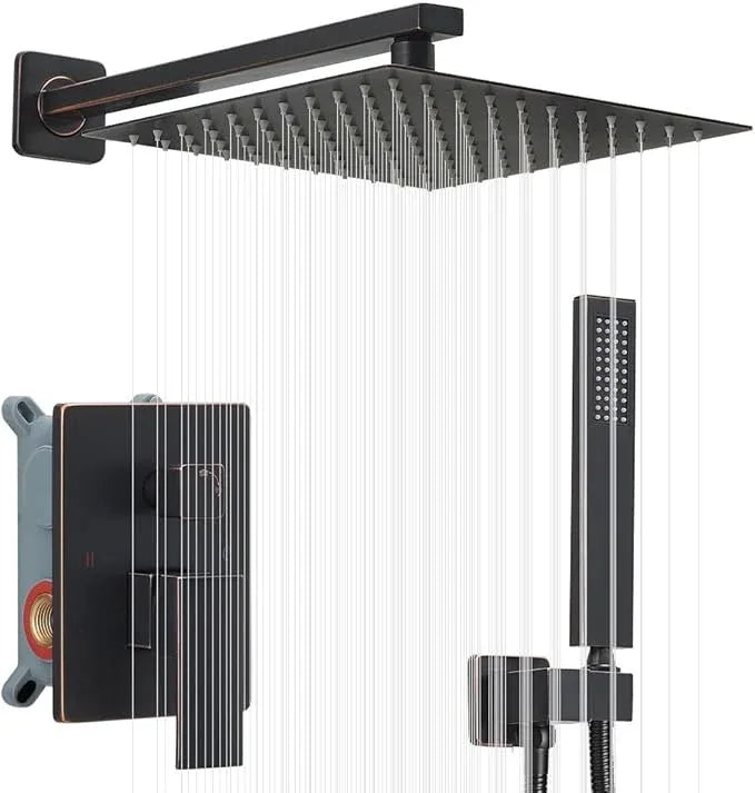 JingGang Oil Rubbed Bronze Shower System 10 Inch Bathroom Luxury Rain Mixer Shower Combo Set Wall Mounted Rainfall Shower Head and Handheld System Shower Faucet Rough-in Valve Body and Trim Kit - ModernBath