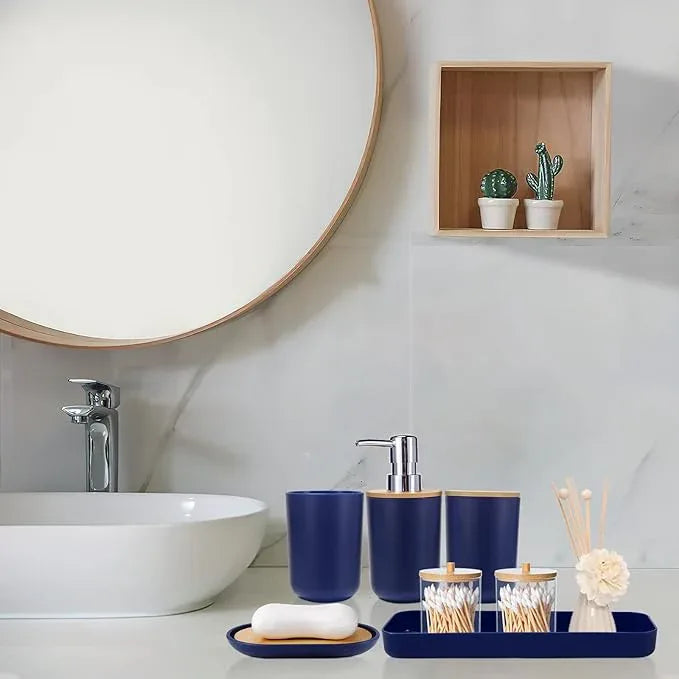 SLDIYWOW Blue Bathroom Accessories, 9-Piece Navy Blue Bathroom Accessories with Trash Can,Tray,Soap Dispenser,Toothbrush Holder,Toothbrush Cup,Soap Dish,Toilet Brush and Q-tip Holders for Bathroom - ModernBath