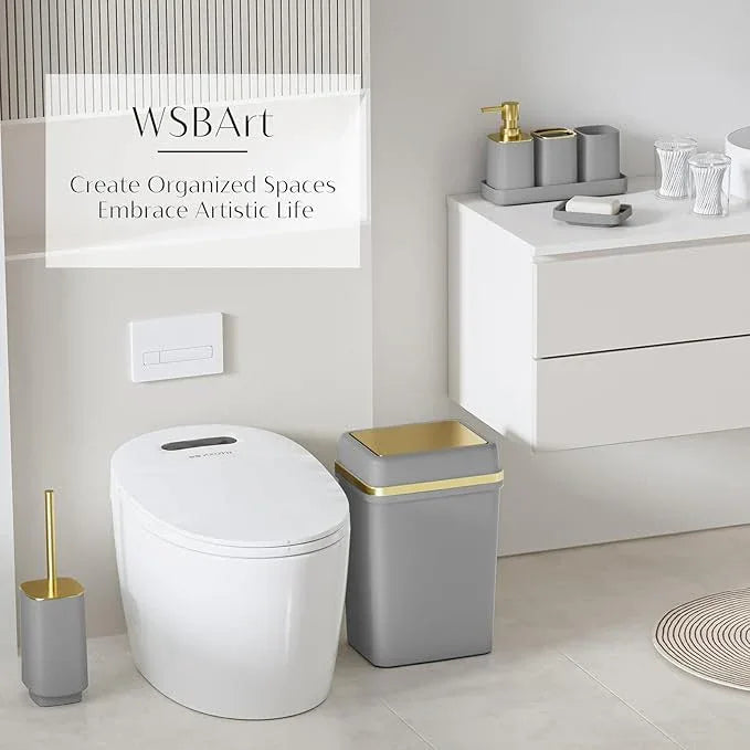 9PCS Bathroom Accessory Set, Grey Bathroom Set with Large-Capacity 4 Gallon Trash Can, Bathroom Accessories Set Complete, Toothbrush Holder, Soap Dispenser, Toilet Brush, Bathroom Decor - ModernBath