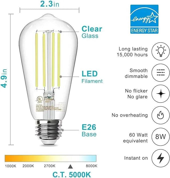 TJOY Edison Light Bulbs 60W Equivalent, Dimmable Vintage LED Light Bulbs, E26 Medium Base, 5000K Daylight, ST58, 8W, 800LM, Ultra-Bright, 80+CRI, Antique Decorative LED Filament, Clear Glass, 8 Pack - ModernBath