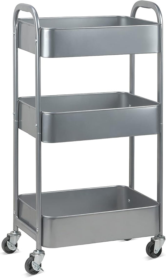 MAX Houser 3-Tier Rolling Utility Cart with Caster Wheels,Easy Assembly, for Kitchen, Bathroom (Silvery-Grey)