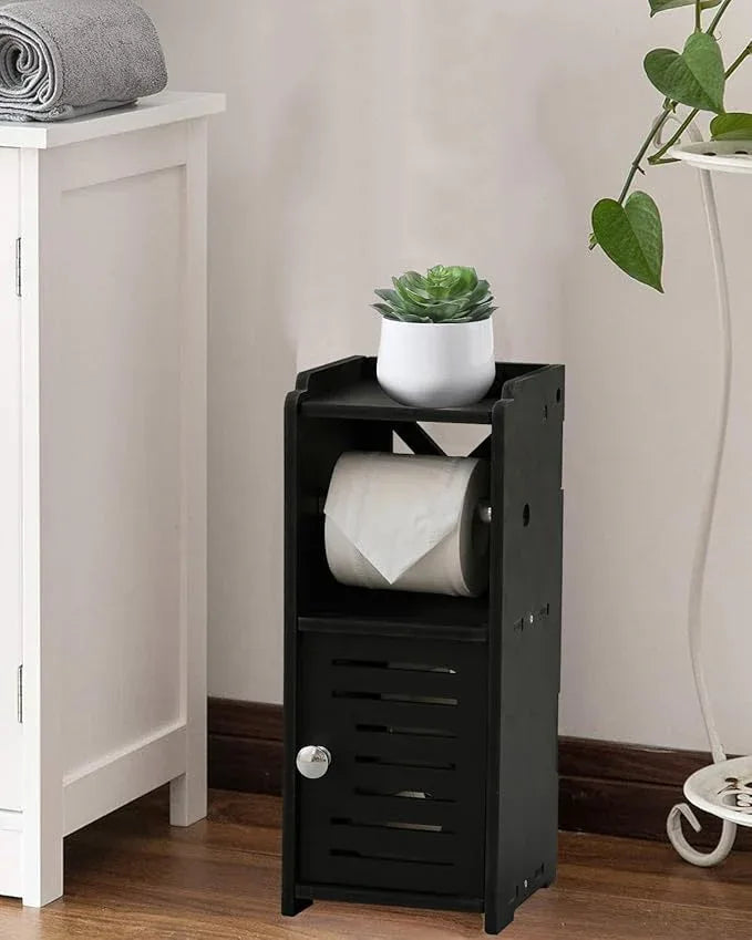 AOJEZOR Toilet Paper Holder Stand: PVC Freestanding Bathroom Cabinet Storage for Apartment Dwellers - Slim Bathroom Storage - Black - ModernBath