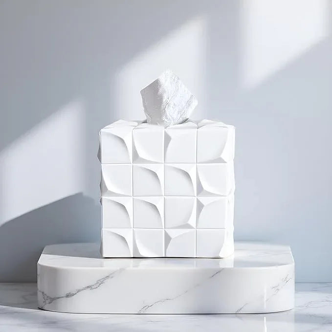Huitony Square Tissue Box Cover Decorative Kleenex Box Holder for Bathroom & Living Room with Handcrafted Texture (White) - ModernBath