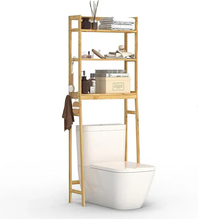 BAMBANG Over The Toilet Storage Rack, 3-Tier Over The Toilet Storage Shelf with 3 Hooks, Freestanding Above Toilet Bathroom Organizer Shelves for Space Saver Storage, Bamboo Natural - ModernBath
