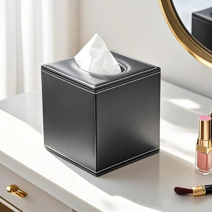 KINGFOM Square Pu Leather Tissue Box Cover, Modern Facial Tissue Holder, Roll Tissues Paper Case Dispenser for Bathroom Vanity Countertop, Night Stands, Office Desk & Car(Black) - ModernBath