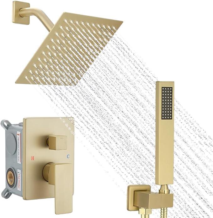 YCAIKOI Brushed Gold Shower System, 8 Inch High Pressure Rain Shower with Handheld, Wall Mount Shower Faucet Set for Bathroom, Rough-in Valve Body and Trim Included - ModernBath