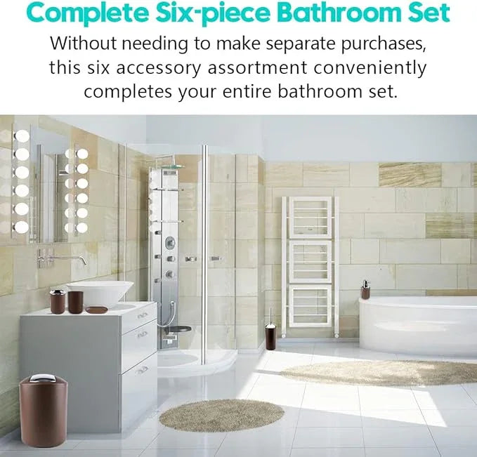 Papillon 6-Piece Bathroom Organization Set, Toothbrush Holder with Cup, Soap Dispenser & Dish, Toilet Brush, Trash Can, Tumbler Set (Coffee) - ModernBath