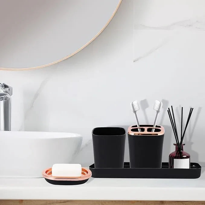 XLHOMO Black Bathroom Accessories, 9-Piece Black Bathroom Set with Trash Can, Vanity Tray, Soap Dispenser, Soap Dish, Toothbrush Holder, Toothbrush Cup, Toilet Brush and Qtip Holders - ModernBath