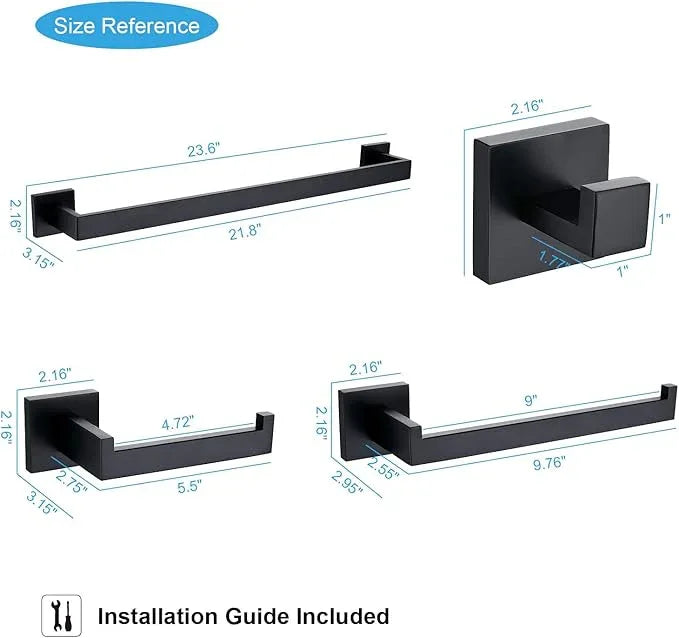 TASTOS 5-Pieces Matte Black Bathroom Hardware Set, Premium Stainless Steel Square Wall Mounted-Includes 23.6 Inch Towel Bar, Toilet Paper TP Holder, 9 Inch Towel Holder, 2 Robe Towel Hooks - ModernBath