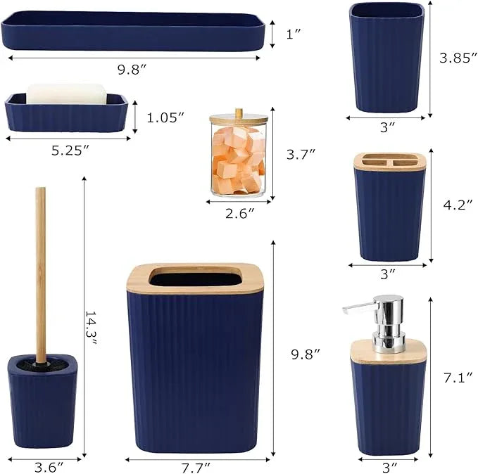 XLHOMO Blue Bathroom Set - Navy Blue Bathroom Accessories Set with with Trash Can,Toothbrush Holder,Toothbrush Cup,Soap Dispenser,Tray,Soap Dish,Toilet Brush,Qtip Holders for Bathroom Home Decor - ModernBath