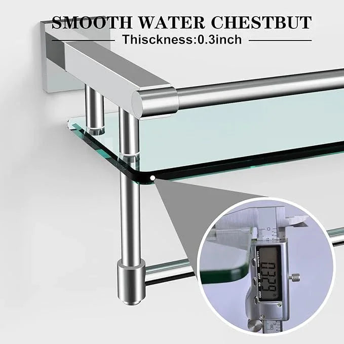 Bathroom Glass Shelf with Towel Rack Organizer Wall-Mounted Bathroom Storage SUS304 Stainless Steel Towel Bar/Track Wall-Mounted Tempered Glass Shelves (Chrome Polished, 20-inch) - ModernBath