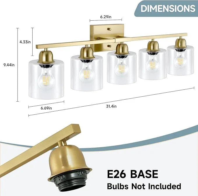 FAISHILAN Modern Brushed Gold 5 Light Bathroom Vanity Light,31 inch Vanity Lights for Bathroom with Clear Glass for Mirror Kitchen Living Room Hallway Cabinet Porch - ModernBath