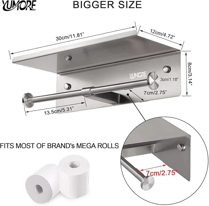 YUMORE Toilet Paper Holder, 304 Stainless Steel Bathroom Double Roll Tissue Holder with Shelf, Wall Mounted Washroom Dual TP Dispenser Storage, Flushable Wipes Dispenser, Brushed Nickel Finish - ModernBath