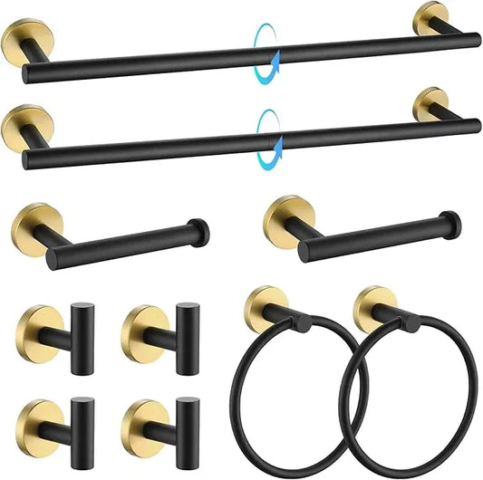TQKAG Black and Gold Bathroom Hardware Accessories Set 10-Pieces, Premium SUS304 Stainless Steel Bathroom Towel Bar Holder Set 23.6 Inch Round Towel Racks for Bathroom Wall Mounted - ModernBath