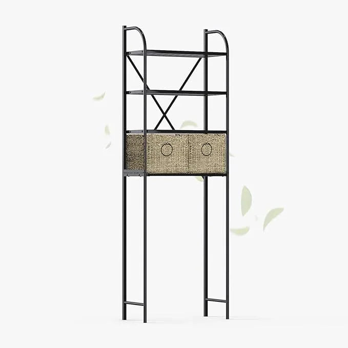 Zhongma 4-Tier Over The Toilet Storage with 2 Baskets, Metal Bathroom Organizers and Storage for Small Space, Slate and Weave - ModernBath