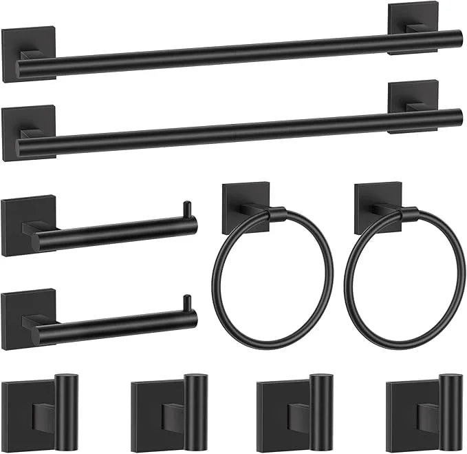 Matte Black Bathroom Hardware Accessories Towel Bar Set, 10 Pieces Bathroom Towel Bar Holder Set, 23.6 Inch Stainless Steel Toilet Paper Holder Towel Racks for Bathroom Wall Mounted - ModernBath