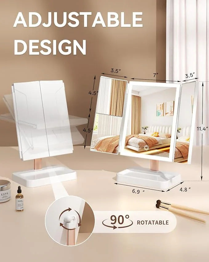CALEPOP Vanity Mirror with Lights, Makeup Mirror 1X, 2X, 3X Magnification, Trifold 9" L x 14" W, Large Vanity Desk Mirror，Valentine‘s Gift for Wife, Mom, Her - Gift for Girlfriend, Women & Teens - ModernBath