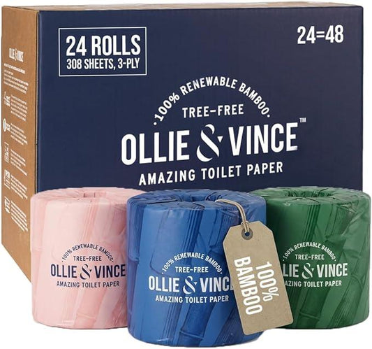 Ollie & Vince Bamboo Toilet Paper | Sustainable, Eco-Friendly, Plastic-Free & Tree-Free, Organic | 24 Rolls, 3-Ply, Soft, Strong & Septic Safe, Unscented | Premium Bathroom Tissue - ModernBath