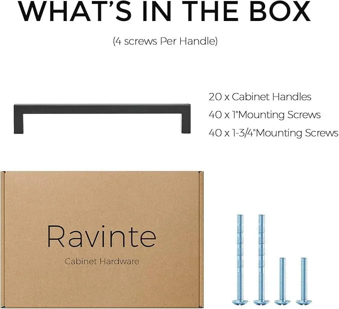 Ravinte 20 Pack Solid 6-1/4 Inch Center to Center Slim Square Bar Drawer Handles - Cabinet Hardware Pulls in Matte Black for Kitchen - ModernBath