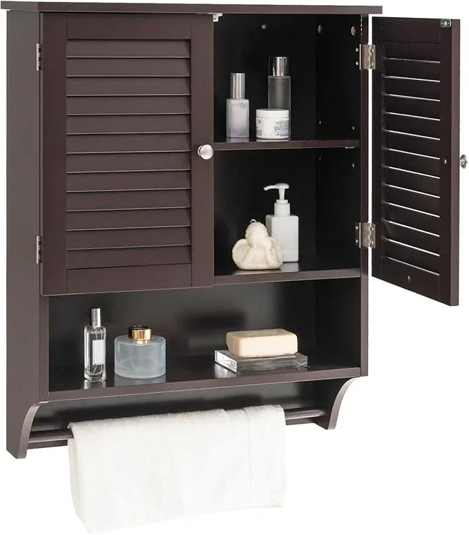 Giantex Wall Mounted Bathroom Cabinet with 2 Louvered Doors, 3-Position Adjustable Shelf, Towel Bar, Over The Toilet Space Saver, Above Toilet Hanging Medicine Cabinet (Espresso) - ModernBath
