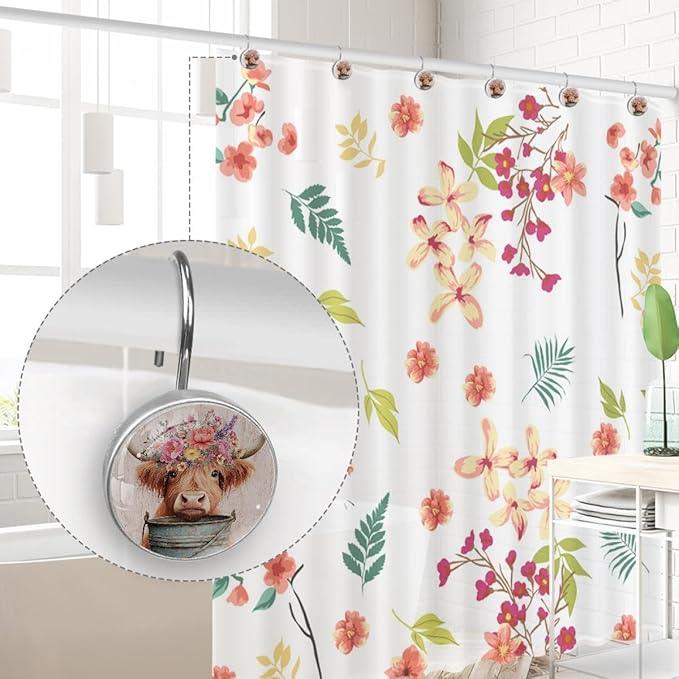 12 Packs Highland Cattle with Florals Decorative Shower Curtain Hooks, Stainless Steel Glass Shower Curtain Rings for Bathroom, Rustproof Metal Curtain Rod Hooks - ModernBath