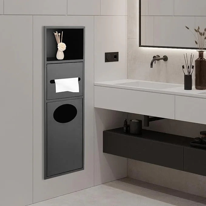Stainless Steel Shower Niche with Trash Can, 7.9 x 5.3 x 24.8In Bathroom Cabinet with Toilet Paper Holder, Built-in Trash Can Alcove for Kitchens, Living Rooms, Bathrooms (Black) - ModernBath