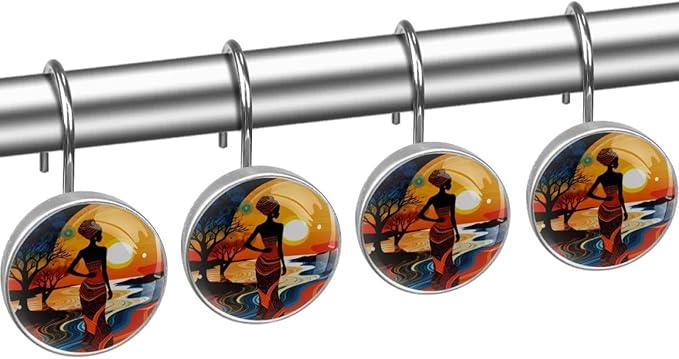 FVQL Shower Curtain Hooks Decorative, Sunset Cartoon African Women, Set of 12, Metal Shower Curtain Rings for Bathroom - ModernBath