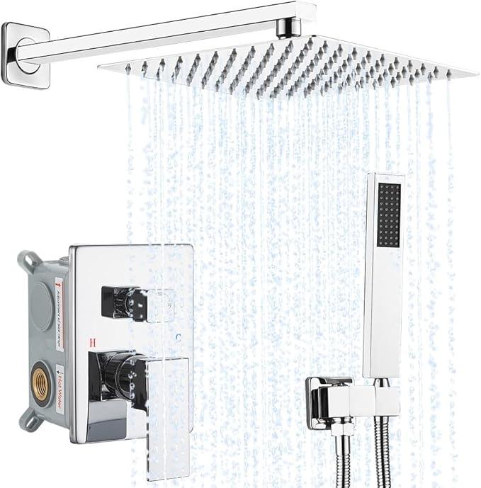 Chrome Shower System YCAIKOI Wall Mount Shower Faucet Set for Bathroom 10 Inch High Pressure Luxury Shower Head with Handheld, Rough-in Valve Body and Trim Included - ModernBath